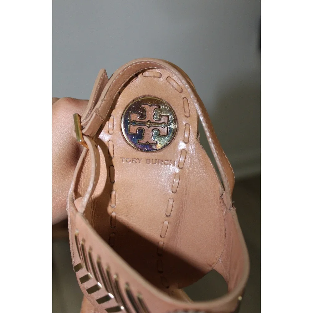 Tory Burch Tan Leather Gold Medallion Thong Slingback Stiletto Heels Size 9M